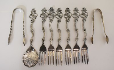 Lot 283 - Set of Danish cake forks and spoon in the Rococo style, etc