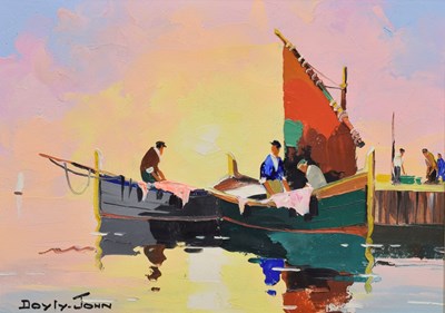 Lot 358 - Cecil Rochfort D'Oyly John (British, 1906-1993) - Oil on canvas - 'Dawn Fishermen'