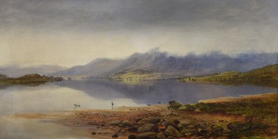 Lot 319 - James Docherty (Scottish, 1829-1878) - Oil on canvas - Lake or loch scene with herons