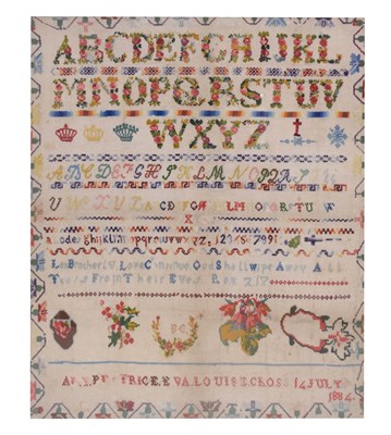 Lot 572 - Victorian needlework sampler by Amy Price & Louise Cross 14th July 1884