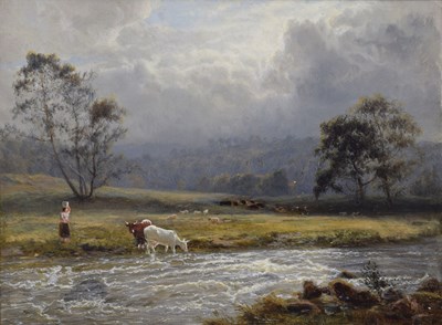 Lot 315 - Richard Peter Richards (1840-1877) - Oil on board - Cattle watering