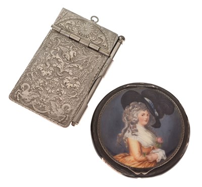 Lot 144 - 20th century silver and enamel powder compact, and a white metal pocket pad