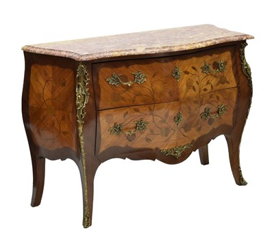 Lot 494 - French marble-topped kingwood and marquetry bombe commode chest