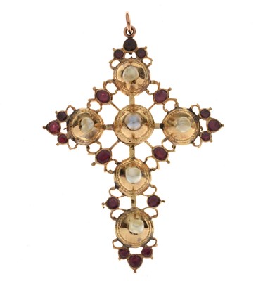 Lot 39 - Iberian pearl and gemstone yellow metal cross pendant