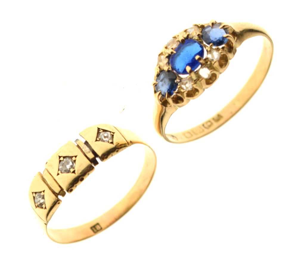 Lot 20 - 18ct three-stone diamond ring, size Q, and a 18ct gold ring set paste, sapphires and diamonds