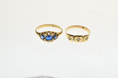 Lot 20 - 18ct three-stone diamond ring, size Q, and a 18ct gold ring set paste, sapphires and diamonds