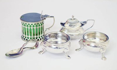 Lot 163 - Matched pair of George II silver cauldron salts, an Edward VII silver mustard pot, etc