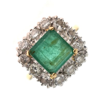 Lot 10 - Emerald and diamond 18ct yellow and white gold square cluster ring