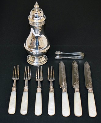 Lot 156 - George V silver sugar caster, set of four fish knives and forks