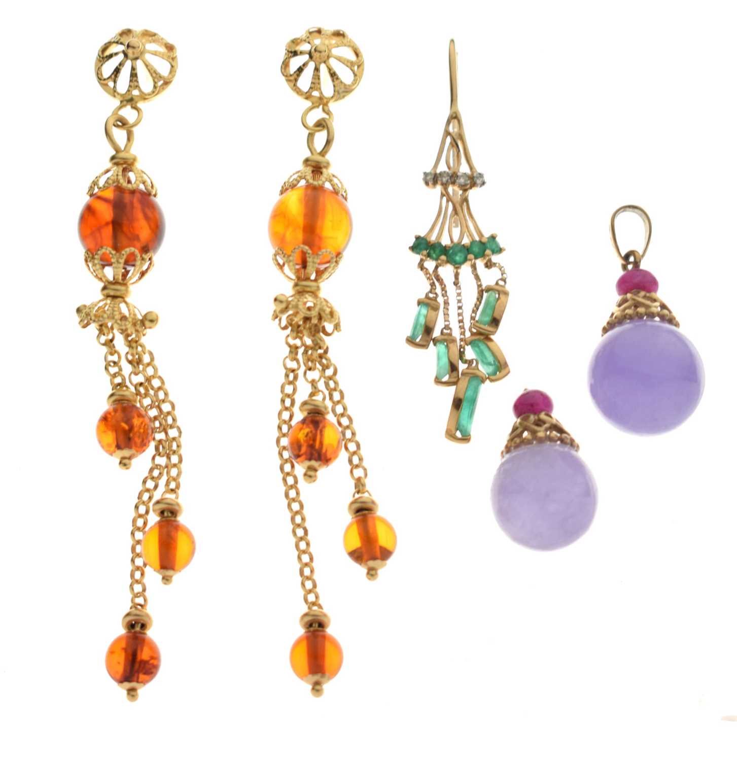 Lot 77 - Lavender jade and ruby 9ct gold pendant and another, etc