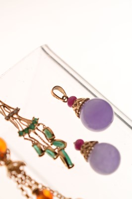 Lot 77 - Lavender jade and ruby 9ct gold pendant and another, etc