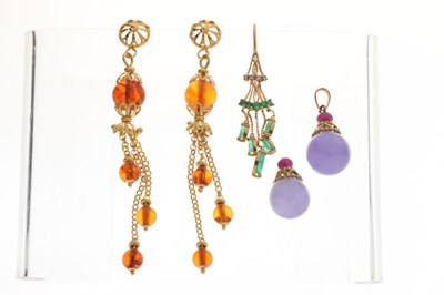 Lot 77 - Lavender jade and ruby 9ct gold pendant and another, etc