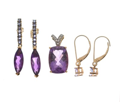 Lot 78 - Amethyst and diamond 9ct gold pendant, etc