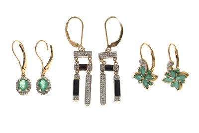 Lot 80 - Two pairs of emerald and diamond 9ct gold earrings, etc