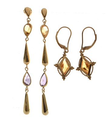 Lot 81 - Pair of amethyst and citrine 14ct gold drop earrings and a pair of citrine 9ct gold earrings