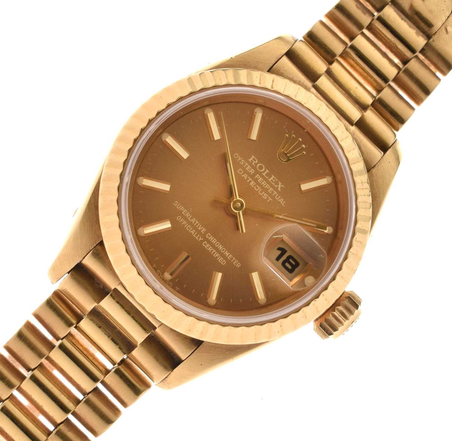 Lot 79 - Rolex - Lady's 18K gold Datejust chronometer bracelet watch, ref. 69178