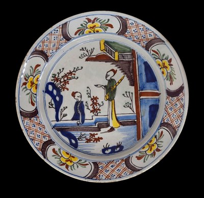 Lot 371 - Mid 18th century delftware dish with polychrome decoration