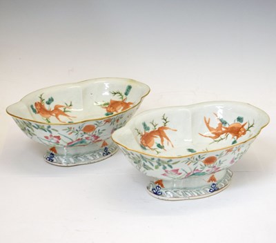 Lot 243 - Pair of Chinese Canton Famille Rose porcelain cartouche-shaped dishes, Qing dynasty