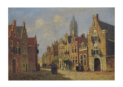 Lot 566 - Dutch / Belgian School, circa 1900 - Oil on board - Street scene with figures