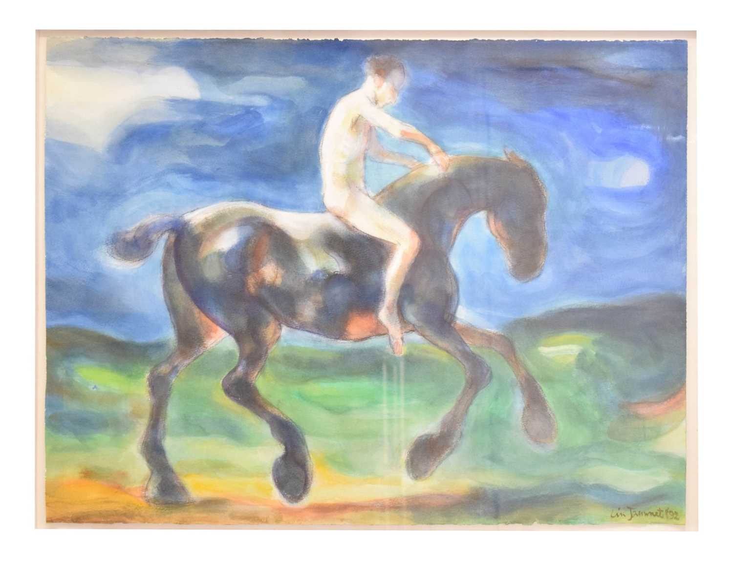 Lot 388 - Lin Jammet (British, 1958-2017) - Gouache - 'Man & Horse II'
