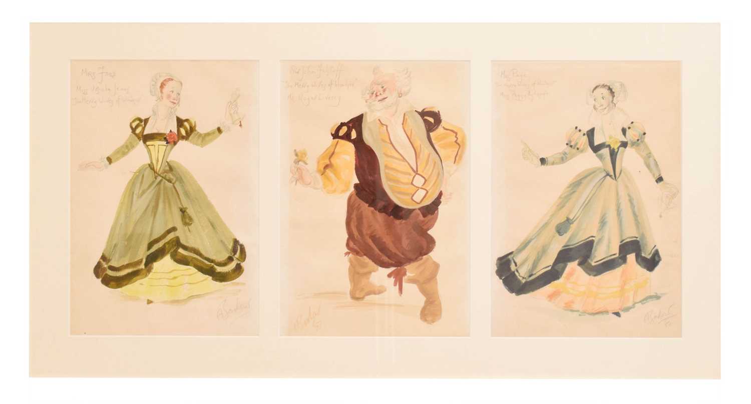Lot 559 - Alan Barlow (1926-2005) - Three watercolours - Cast and costumes for 'The Merry Wives of Windsor'