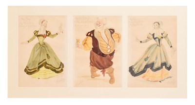 Lot 559 - Alan Barlow (1926-2005) - Three watercolours - Cast and costumes for 'The Merry Wives of Windsor'