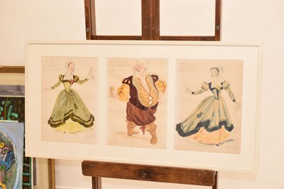 Lot 559 - Alan Barlow (1926-2005) - Three watercolours - Cast and costumes for 'The Merry Wives of Windsor'