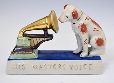 Lot 422 - Staffordshire pottery style figural group titled 'His Masters Voice'