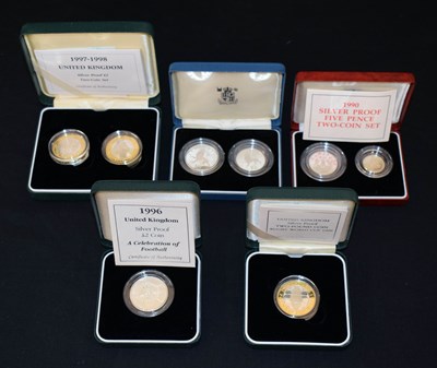 Lot 182 - Five Royal Mint silver proof presentation coin packs, 5p, 10p and £2