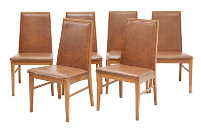 Lot 615 - Dyrlund of Denmark - set of six chairs, each with leatherette panel back and seat in teak frame