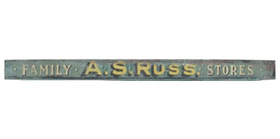 Lot 300 - Mid 20th century wooden shop sign with painted script A.S.Russ Family Stores