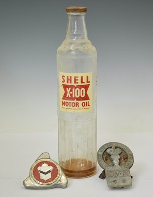 Lot 301 - Vintage Shell X-100 glass oil bottle, BMA car badge, and a chrome cap