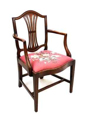 Lot 474 - Hepplewhite revival mahogany elbow chair, pink tapestry seat