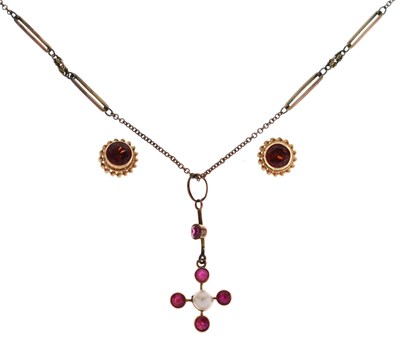 Lot 47 - Early 20th century ruby and seed pearl cruciform pendant and a pair of 9ct gold ear studs