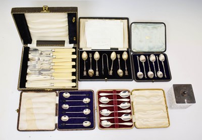 Lot 117 - Quantity of silver and white-metal cutlery sets, etc and a silver topped jam pot