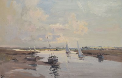 Lot 553 - Jack Cox (1914-2007) - Oil on canvas - Estuary scene at Wells-next-the-Sea, Norfolk