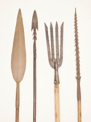 Lot 201 - Group three of iron-headed eel hunting spears, and hunting fork