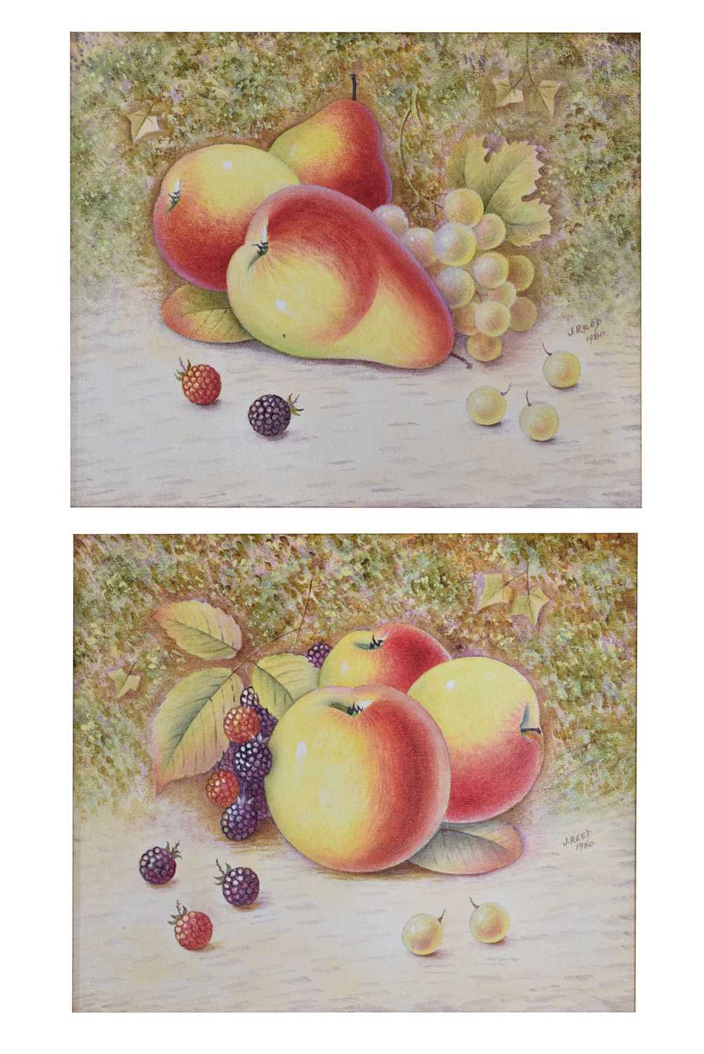 Lot 392 - John Reed - Pair of oils on canvas - Still life apples and pears