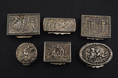 Lot 119 - Six 20th century continental white-metal snuff or pill boxes