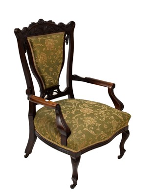 Lot 537 - Armchair, having green and gold patterned upholstered covering