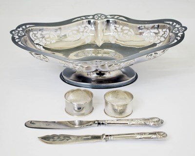 Lot 128 - George VI silver pedestal bowl of oval form with pierced decoration, etc