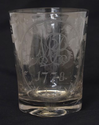 Lot 261 - Glass tumbler engraved 'MB 1778'