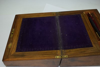Lot 218 - Victorian walnut lap desk, a selection of gold nibbed fountain pens, etc