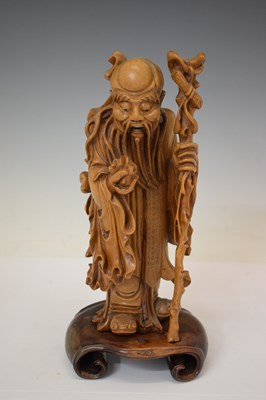 Lot 313 - Chinese carved rootwood figure of Shoulao and blanc de chine Kwanyin