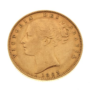 Lot 204 - Gold Coin - Queen Victoria young head shield back sovereign, 1863