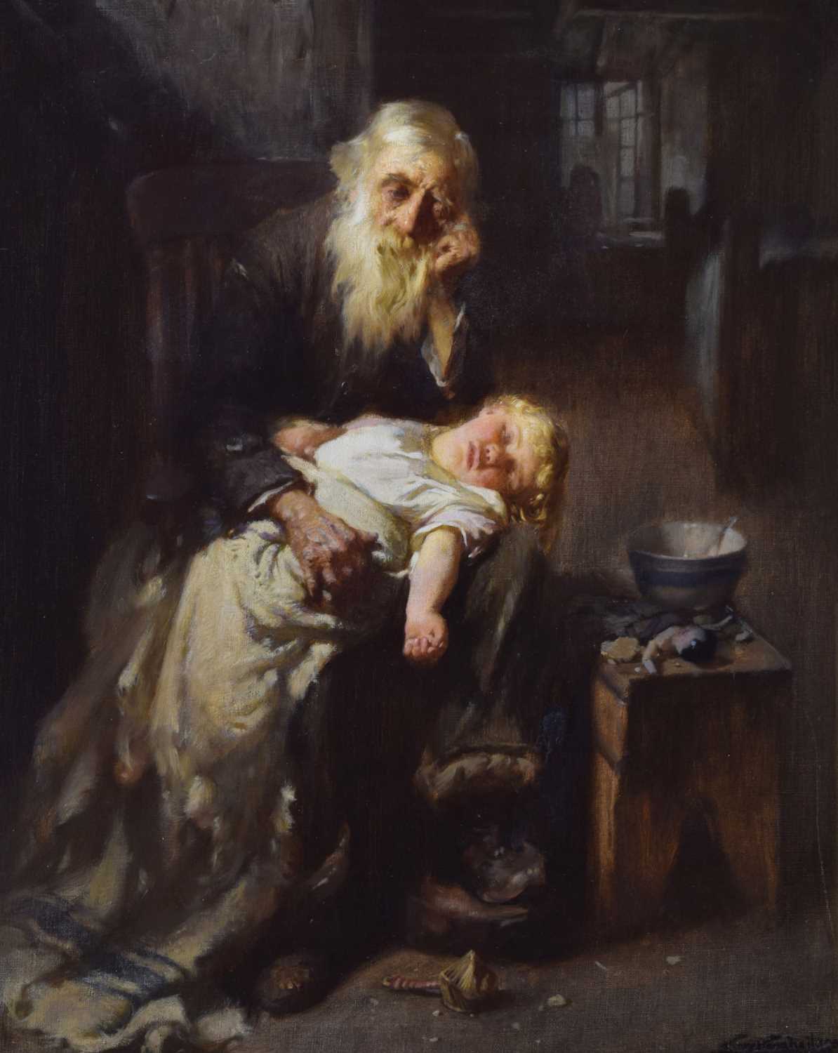Lot 397 - John Henry Henshall (British, 1856-1928) - Oil on canvas - Elderly gentleman nursing a young child