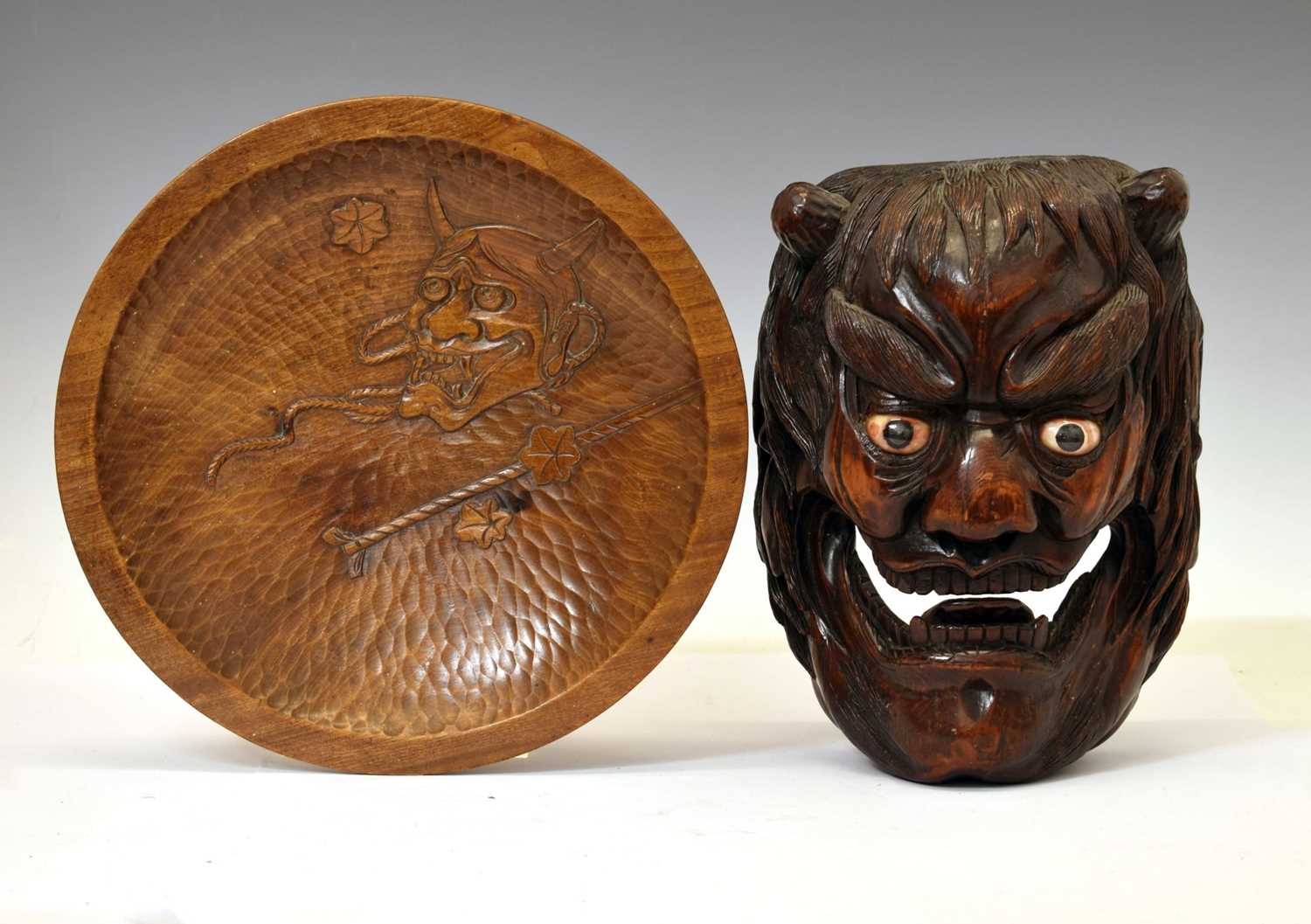 Lot 353 - Japanese carved softwood Noh-style mask of Kaminari (the thunder demon)