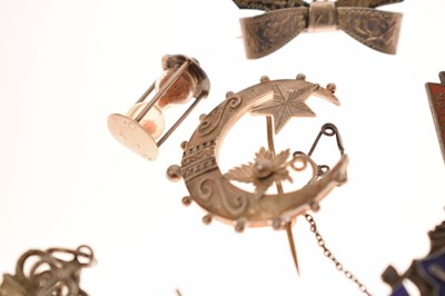 Lot 205 - Elizabeth II silver cigar cutter, silver fob, selection of silver brooches and white metal examples