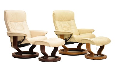 Lot 533 - Near pair of Stressless cream leatherette armchairs and footstools