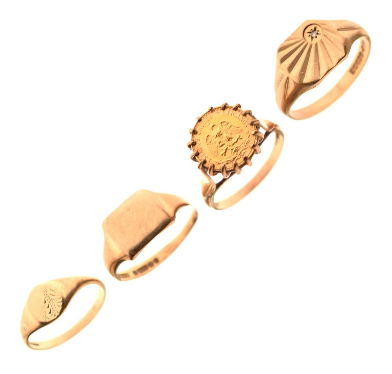 Lot 74 - Three 9ct signet rings, and a 9ct gold coin